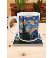 Kediler ve Sanat/Van Gogh Set 8 - Yıldızlı Gece(Starry Night) Standart Kupa-Taş Bardak Altlığı 9