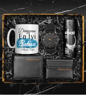 Babalar Gününe Özel Axe Deodorant & Hasır Kordon Saat & Kişiye Özel Tasarım Kupa & Cüzdan & Kartvizitlik Hediye Seti