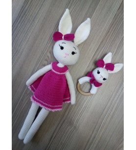 Tavşan Kız Uyku Arkadaşı ve Çıngırak Amigurumi Organik Oyuncak