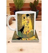 Kediler ve Sanat/Gustav Klimt The Kiss  Set 8 - Standart Kupa-Taş Bardak Altlığı 4
