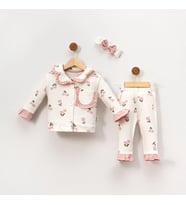 Kız Çocuk Ekru Pudra Lale Desenli Fırfırlı Bandanalı Pijama Takımı