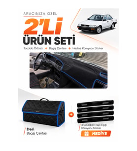 TOYOTA COROLLA FINDIK KASA (1988-1991) Uyumlu Torpido Örtüsü + Deri Bagaj Çantası Seti - Siyah Mavi