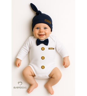 BABYDEN'S Minik Patron Erkek Bebek Uzun Kollu Çıtçıtlı Body ve Bere Seti Düğme Baskılı, Papyonlu %100 Pamuklu (Lacivert)
