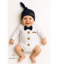 BABYDEN'S Minik Patron Erkek Bebek Uzun Kollu Çıtçıtlı Body ve Bere Seti Düğme Baskılı, Papyonlu %100 Pamuklu (Lacivert)