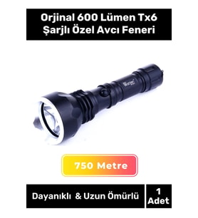 Deluxe Seri 250 Metre Beyaz Işık Güçlü Aydınlatma  600 Lümen Tx6 Şarjlı Özel Avcı Feneri