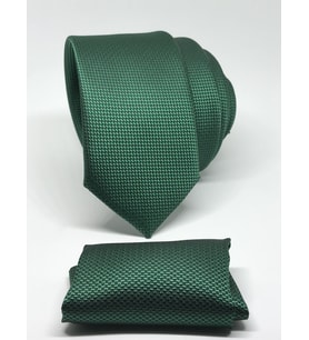 Yeşil Renk Mendilli Slim Fit Oxford Kuş Gözü Desen Kravat
