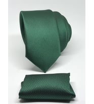 Yeşil Renk Mendilli Slim Fit Oxford Kuş Gözü Desen Kravat