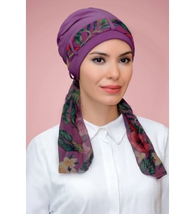 Violet Pratik Hazır Geçmeli Tesettür Bone Sandy Kumaş Desenli Şifon Kemerli 1205D_21
