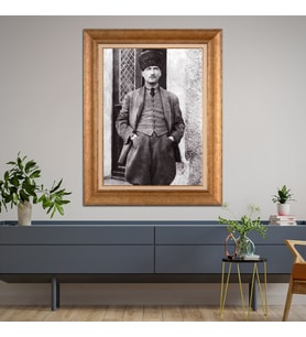 Altın Varaklı Çerçeveli Paspartulu Atatürk Tablo TR0733 (Gold)