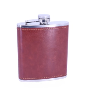 Kahverengi Deri Kaplama Paslanmaz Çelik Cep Matarası - Hip Flask 7 OZ
