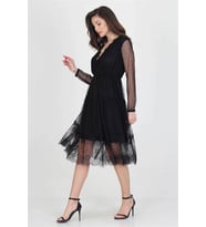 Neseli butik kruvaze yaka eteği güpür detaylı yeni sezon elbise NB0010 (Siyah)