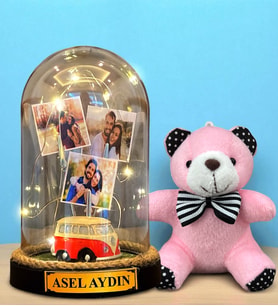 Kişiye Özel Tasarlanacak Led Işıklı Fanus ve Pembe Peluş Anahtarlık Hediye Seti (Model 6)