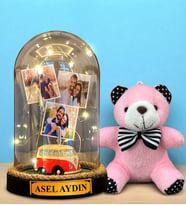 Kişiye Özel Tasarlanacak Led Işıklı Fanus ve Pembe Peluş Anahtarlık Hediye Seti (Model 6)