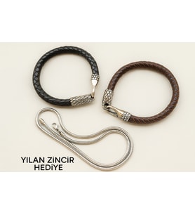 Erkek Deri Bileklik ve Yılan Zincir Kolye Hediyeli (K.Siyah)