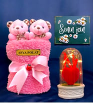 Kişiye Özel İsimli Hediye Seti  Led Işıklı Fanus & Pembe Peluş Saksıda 2li Peluş Buketi  Ayıcık Buketi (Model 6)