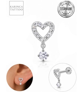 Kalp Zirkon Taşlı Sallantılı Titanyum Piercing Helix Kulak Flat Inner Conch Tragus Piercing