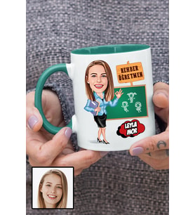 Kadın Rehber Öğretmene Hediye Karikatürlü Yeşil Kupa Bardak