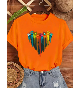 Unisex Sevimli Kedi Patili Kalp Tasarım Basklı Tshirt (Turuncu)