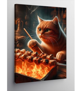 Kanvas Tablo Şiş Kebap Pişiren Kedi
