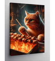 Kanvas Tablo Şiş Kebap Pişiren Kedi