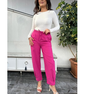 Kadın Fuşya Beli Bağcıklı Boru Paça Rahat,Basic Pantolon 