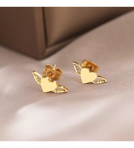 Kişiye Özel 925 Ayar Gümüş Kalp Melek Kanatları Küpe (Gold)