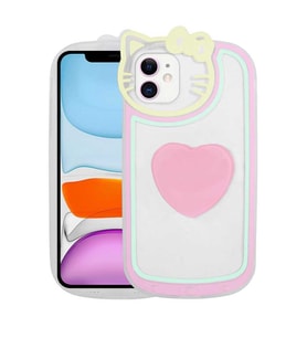 Uyumlu Model Apple iPhone 11 Kılıf Kedi Figürlü Pop Soketli Kapak (Pembe)