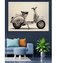 Beyaz Nostaljik Scooter Motor Tablosu Dekoratif Kanvas - Mdf Ahşap Tablo