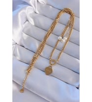 316L Çelik Gold Renk Çift Zincir İnci Detayı Love Kalp Kolye TJ-BKO8939