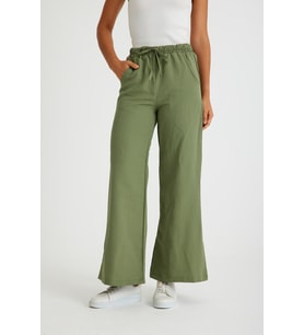 Tasarım Beli Lastikli Bağcıklı Keten Günlük Pantolon (Haki)