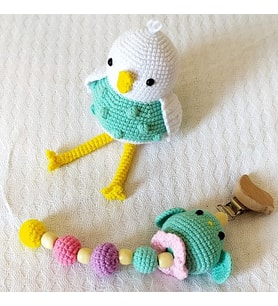 Sevimli Kuş Çıngırak ve Emzik Zinciri Amigurumi Organik Oyuncak