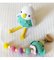 Sevimli Kuş Çıngırak ve Emzik Zinciri Amigurumi Organik Oyuncak