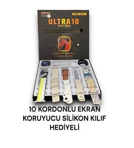 Ultra 10 Watch 49mm 10 in 1 Edition 10 Kordon + Silikon Koruyucu Kablosuz Şarj Özellikli Akıllı Saat