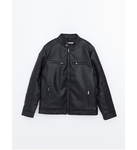 LCW Vision Siyah Slim Fit Biker Yaka Erkek Deri Görünümlü Ceket