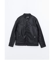 LCW Vision Siyah Slim Fit Biker Yaka Erkek Deri Görünümlü Ceket