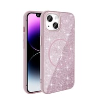 Apple iPhone 14 Uyumlu Kılıf M-safe Şarj Özellikli Parlayan Simli Zore Okso Kapak (Pembe)