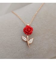 Gümüş Taşlı Kırmızı Gül Kolye 925 Ayar