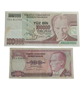 7. Emisyon 100.000 ve 100 Türk Lirası . Cumhuriyet Dönemi Koleksiyon Kağıt Para. Numismatik