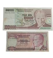 7. Emisyon 100.000 ve 100 Türk Lirası . Cumhuriyet Dönemi Koleksiyon Kağıt Para. Numismatik