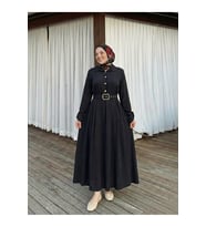 Yarım Pat Kaplama Kemer Detay Elbise-Lacivert (Siyah)