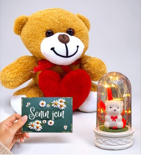 Muhteşem Hediye Seti Kalpli Sevimli Peluş Ayıcık, Senin İçin Kartı ve Led Işıklı Fanus (Model 5)