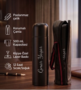 Kişiye Özel Baskılı İsimli Termos 500 ml - Paslanmaz Çelik Korumalı Çantalı 12 Saat Sıcak Soğuk Tutucu Termos Matara Siyah Renk