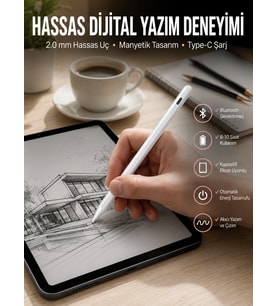 Dokunmatik Kalem Beyaz Şarjlı Yedek Uçlu Android Ve İos Uyumlu