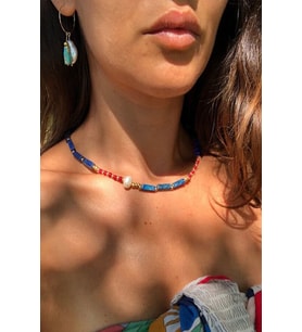 Nelleovana Lapis Lazuli + Kırmızı Akik + Inci Doğal Taş Kolye