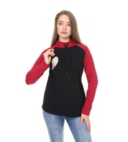 LuvmaBelly MYRA4525 Bordo&Siyah Parçalı Kapüşonlu ve Cepli Emzirme Sweatshirt (Bordo-Siyah)