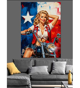 Amerikan Bayraklı Ve Motorlu Pin Up Kız Dekoratif Kanvas - Mdf Ahşap Tablo