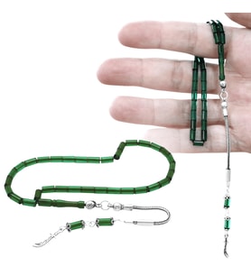Ateş Kehribar Tesbih - 925 Ayar Gümüş Püsküllü - Mini Boy - Yeşil Renk - Kesme Kesim