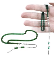 Ateş Kehribar Tesbih - 925 Ayar Gümüş Püsküllü - Mini Boy - Yeşil Renk - Kesme Kesim
