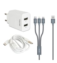 Tecno Oppo A77 5G Çift UsbA & Type-C, Lightning, Micro Çıkışlı 3in1 Kablolu Hızlı Şarj Aleti (Beyaz)