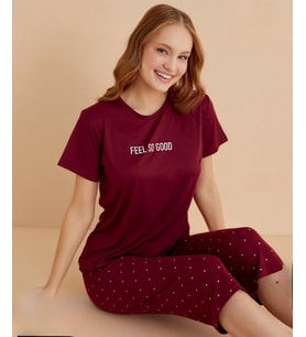 Mihra Kadın Bisiklet Yaka MİLAN Likralı KAPRİ Kısa Kol Pijama Takımı 50108B - 1 Adet (Bordo)